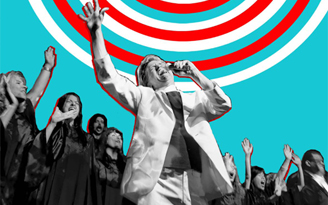 Black and White Image of Rev Billy and Choir on red, white and blue background